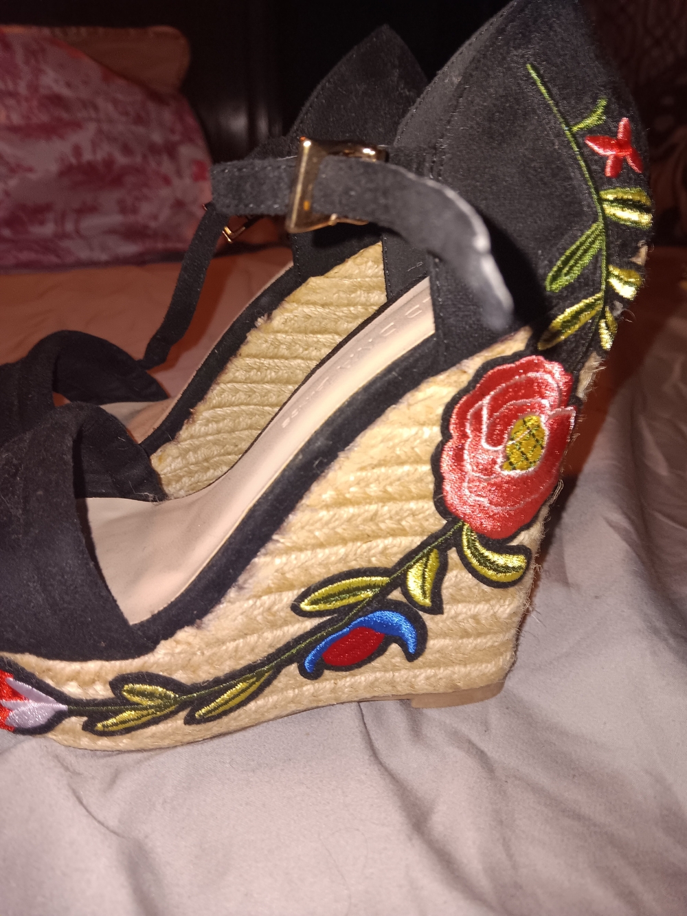 Women’s Black Wedge Espadrille with Embroidered Floral Detail